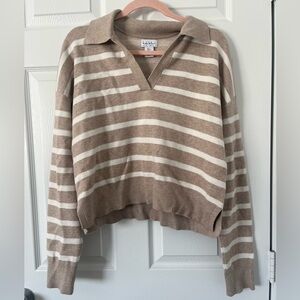 Nicole Miller Tan and Cream V-Neck Sweater